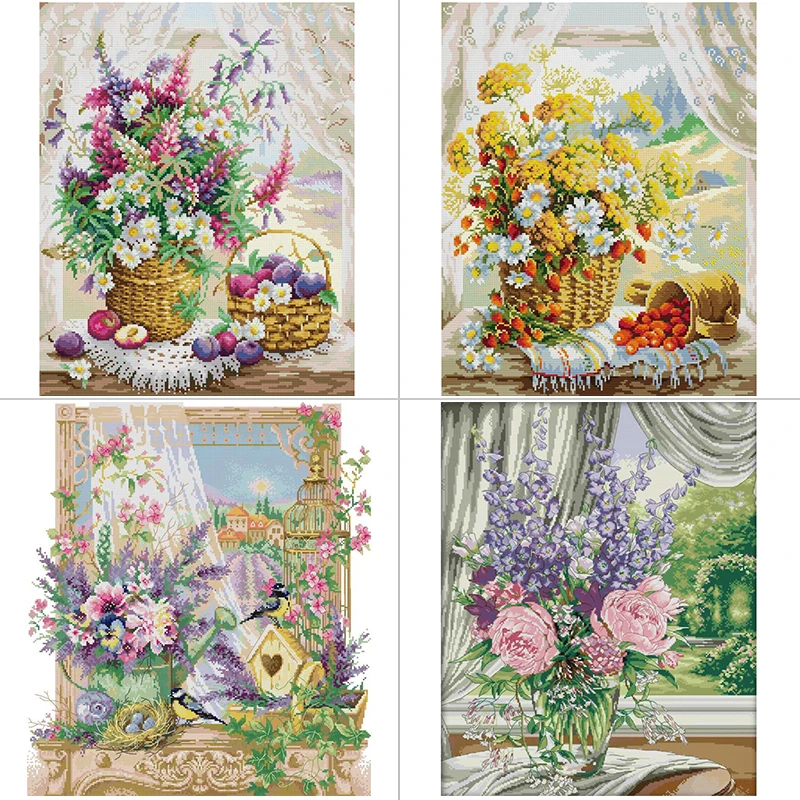 Textile Sewing Patterns - Window Sill ตะกร้าดอกไม้ดอกไม้รูปแบบ Cross Stitch Aida