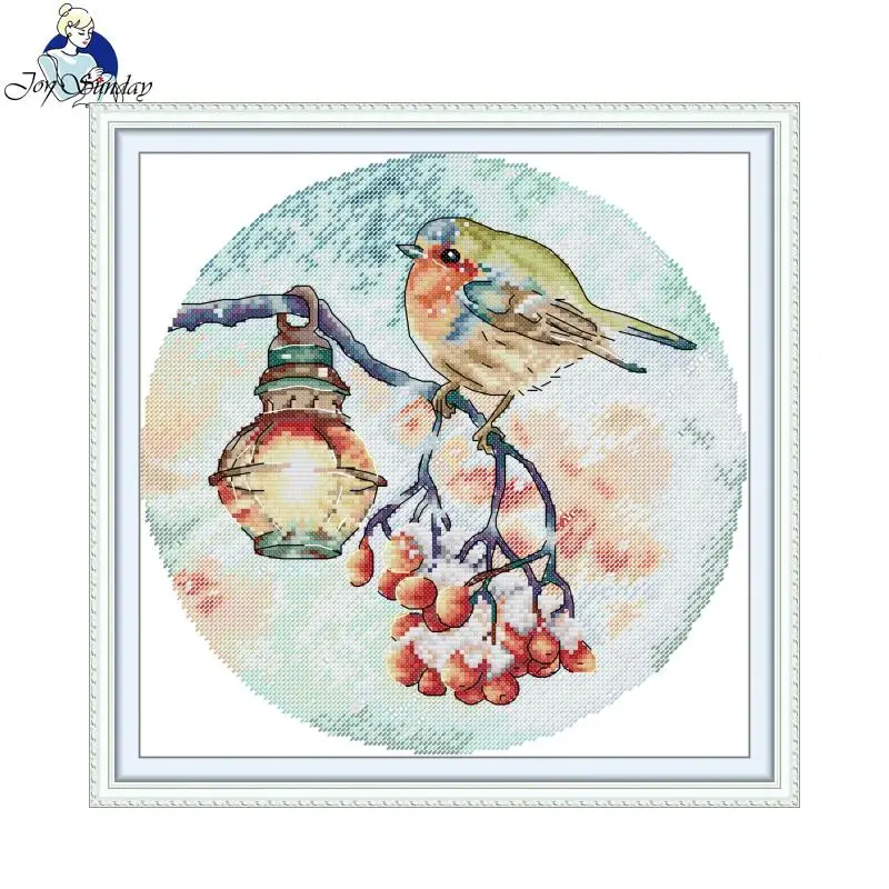 Textile Sewing Patterns - ชุดปักครอสติช Joy Sunday ลายนกแดงท้อง ผ้าปักลายพิมพ์พร้อมเส้นด้าย 16CT