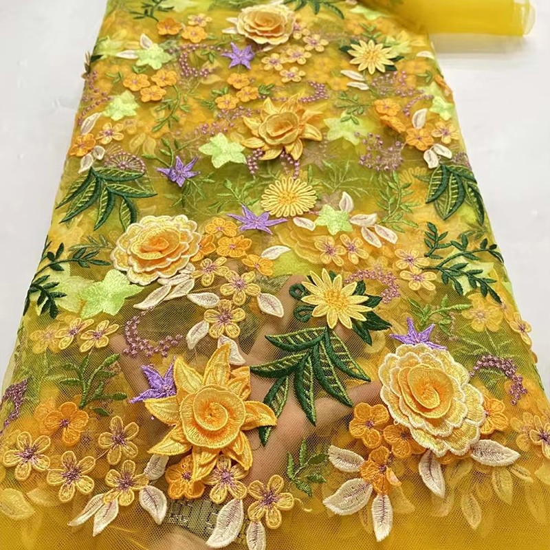 Textile And Sewing Supply - ผ้าตาข่ายลูกไม้ปักลายดอกไม้ 3 มิติ ขนาด 90x130 ซม.