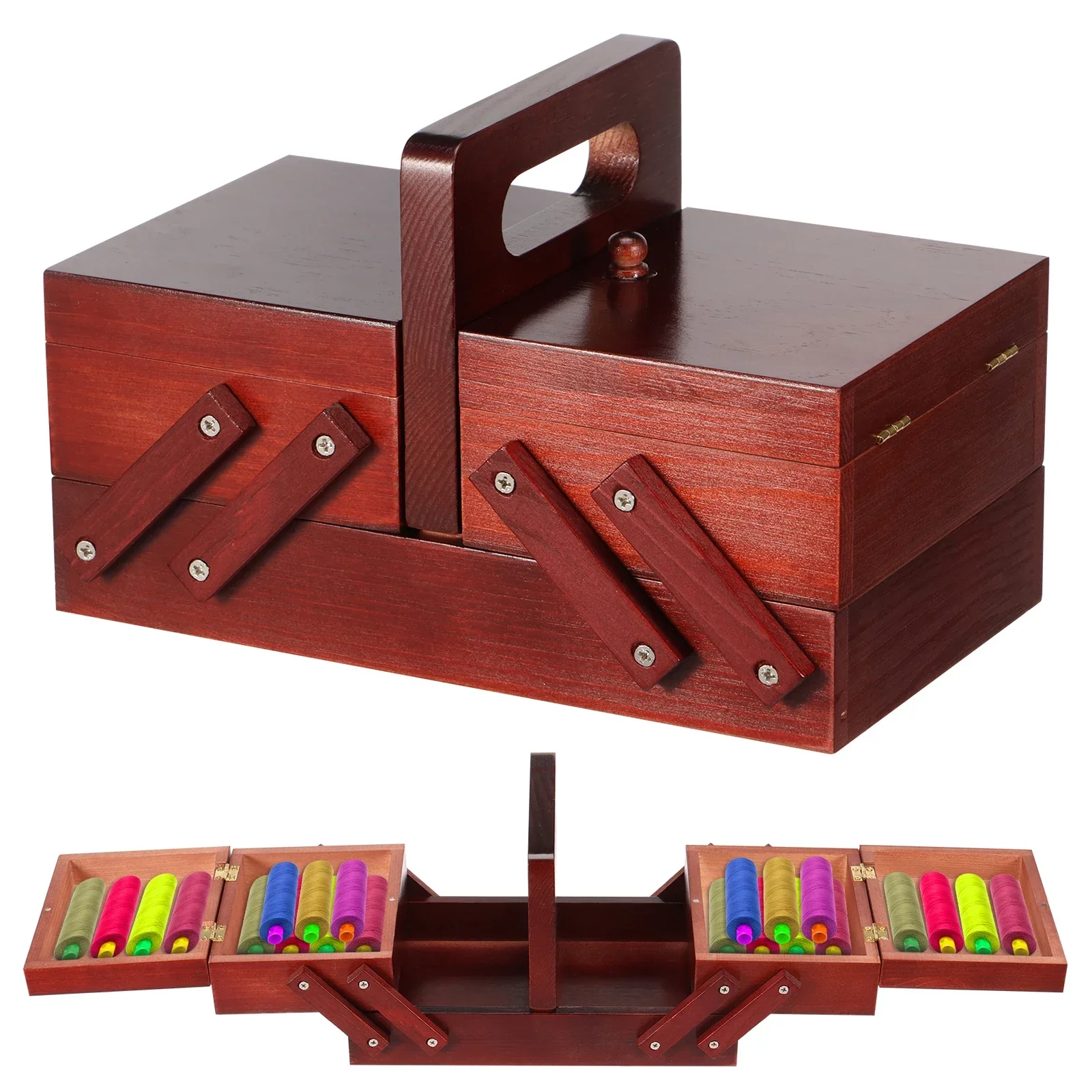 Bobbin Organizer Box - กล่องเก็บด้ายเย็บผ้าแบบขยายได้ ทำจากไม้สไตล์วินเทจ พร้อมที่เก็บหลอดด้าย ตะกร้าใส่ด้ายเย็บผ้าแบบมีหูหิ้ว กล่องเก็บเข็มและด้าย สำหรับงาน