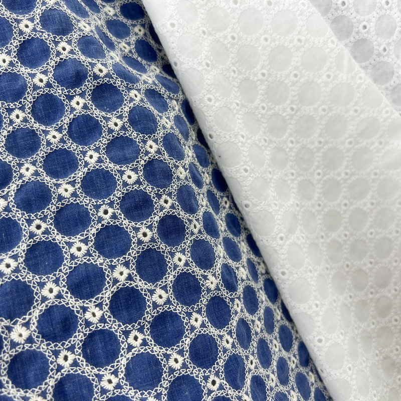 Sewing Eyelet Fabric - ผ้าเดนิมฝ้ายลายวงกลมเล็ก ปักลายฉลุ สำหรับทำชุดเดรส ผ้าปูโต๊ะ งานเย็บ DIY